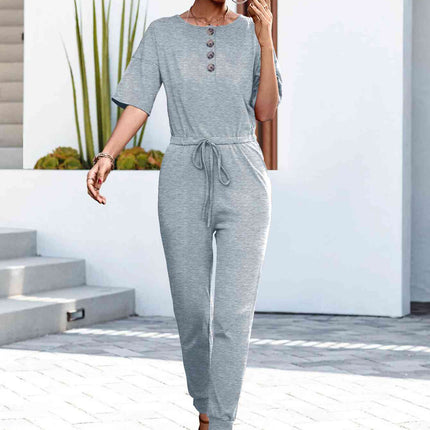 Buttoned Half Sleeve Round Neck Jumpsuit
