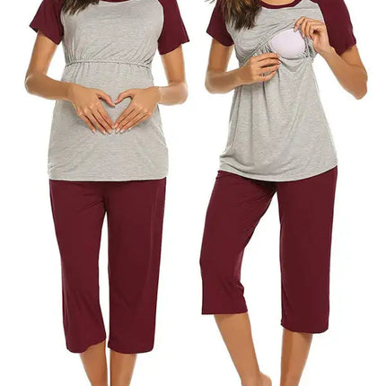Women's short sleeve contrast button breast-feeding top adjustable Capri Pajama suit