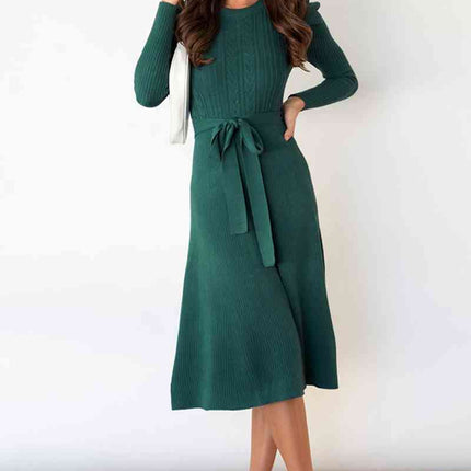 Round Neck Long Sleeve Tie Waist Sweater Dress