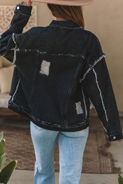 Button Up Raw Hem Distressed Denim Jacket