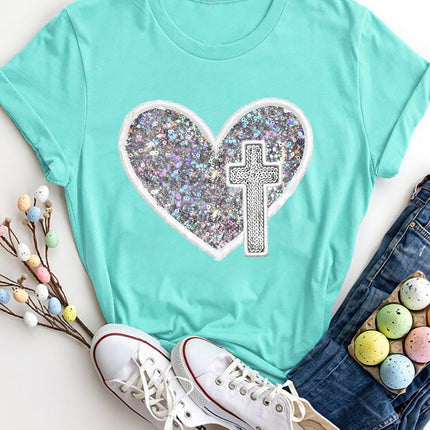 Sequin Heart Round Neck Short Sleeve T-Shirt