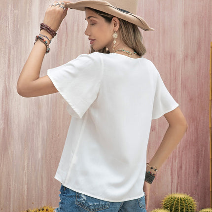 Graphic V-Neck Flutter Sleeve T-Shirt