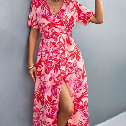 Floral Print High Slit Surplice Neck Tie Waist Midi Dress
