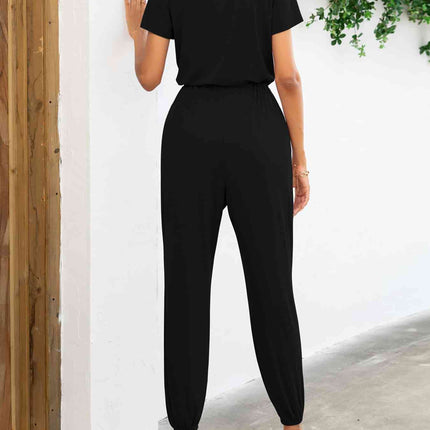 Short Sleeve V-Neck Jumpsuit with Pockets