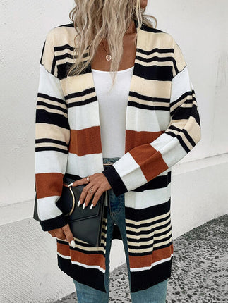 Striped Open Front Drop Shoulder Cardigan