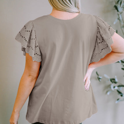 Plus Size Eyelet Round Neck Short Sleeve Blouse