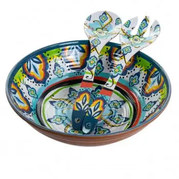 Elama Spanish Terrace 3 Piece Lightweight Melamine Salad Bowl Set with Servers