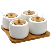 Elama Ceramic Spice, Jam and Salsa Jars with Bamboo Lids &amp; Serving Spoons