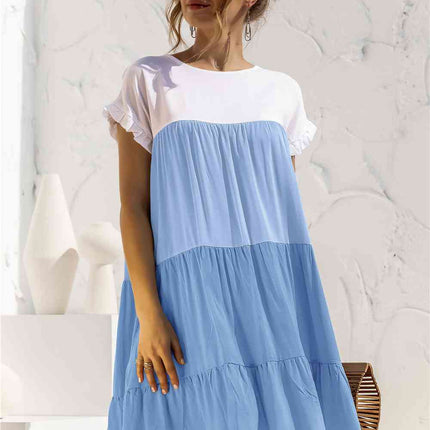 Color Block Round Neck Ruffle Hem Dress