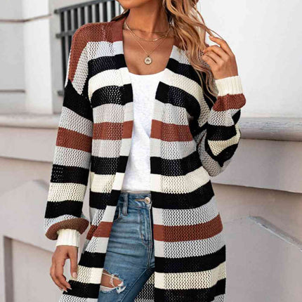 Full Size Striped Long Sleeve Openwork Cardigan