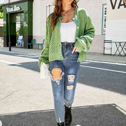 Woven Right Openwork Pompom Puff Sleeve Cardigan