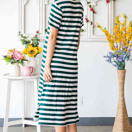 Striped V-Neck Short Sleeve Side Slit Dress