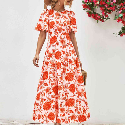 Floral Round Neck Tied Open Back Dress