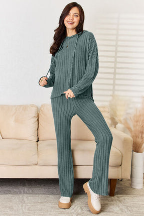Basic Bae Full Size Ribbed Drawstring Hood Top and Straight Pants Set - Vickie Lynn's