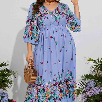 Plus Size Floral V-Neck Three-Quarter Sleeve Midi Dress