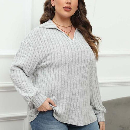 Plus Size Ribbed Collared Neck Long Sleeve Blouse