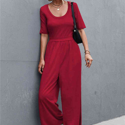Scoop Neck Half Sleeve Wide Leg Jumpsuit