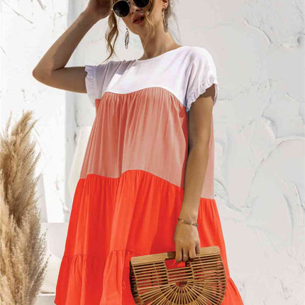 Color Block Round Neck Ruffle Hem Dress