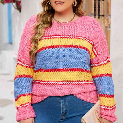 Plus Size Color Block Round Neck Long Sleeve Sweater