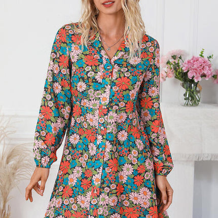 Floral Button Front Collared Neck Shirt Dress