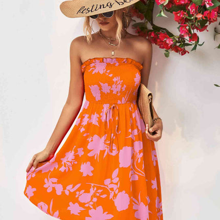 Floral Frill Trim Strapless Smocked Dress