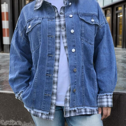Plus Size Plaid Collared Neck Raw Hem Denim Jacket