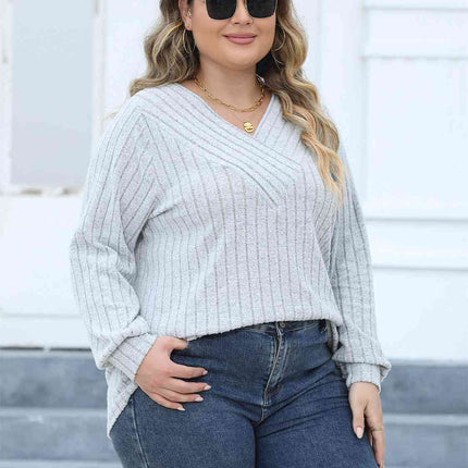 Plus Size Ribbed V-Neck Long Sleeve Top