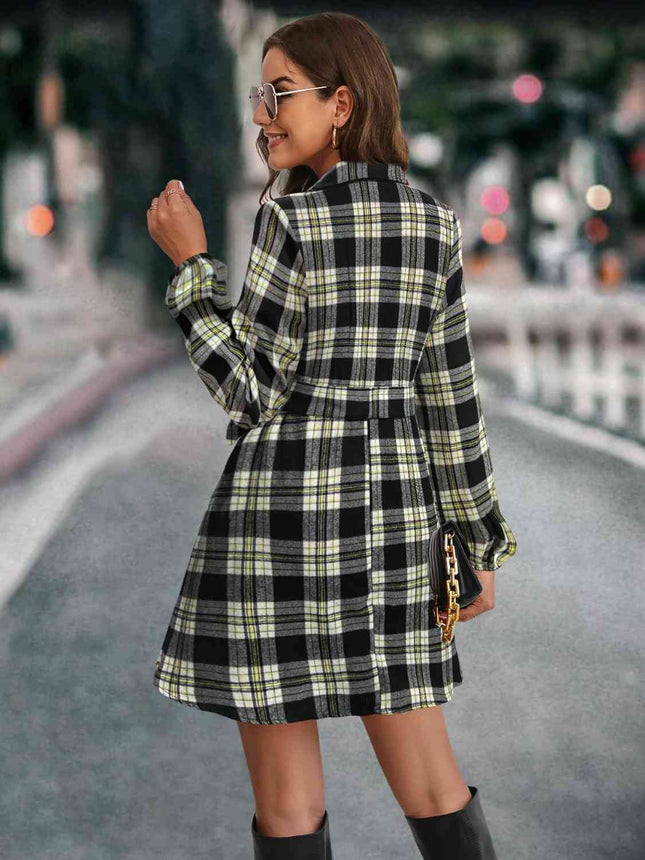 Plaid Tie Front Collared Neck Long Sleeve Dress