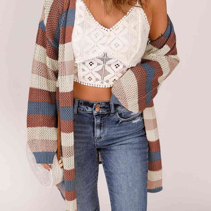 Full Size Striped Long Sleeve Openwork Cardigan