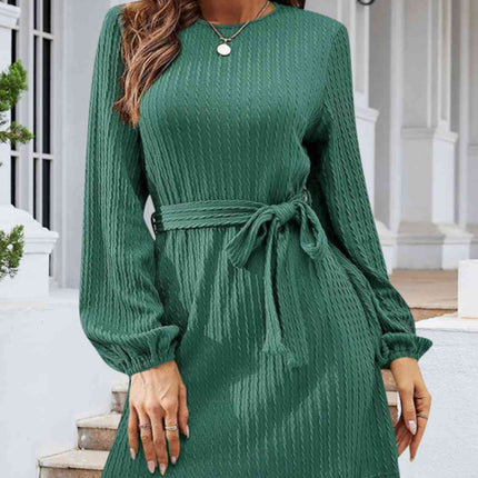Round Neck Tie Front Long Sleeve Dress