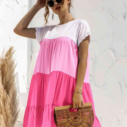 Color Block Round Neck Ruffle Hem Dress