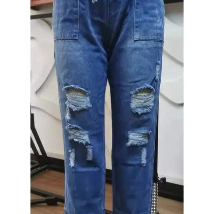 Women's Jeans With Ripped Drawstring Elastic Waist And Washed
