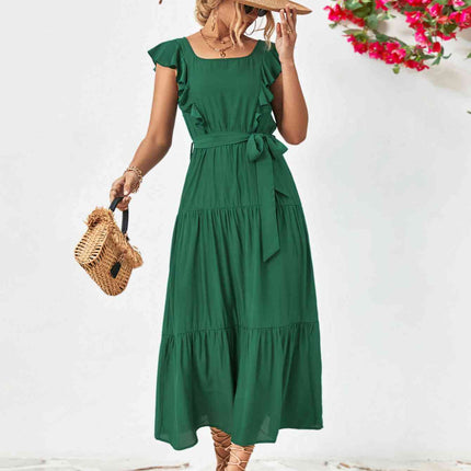 Tie Belt Ruffled Tiered Dress