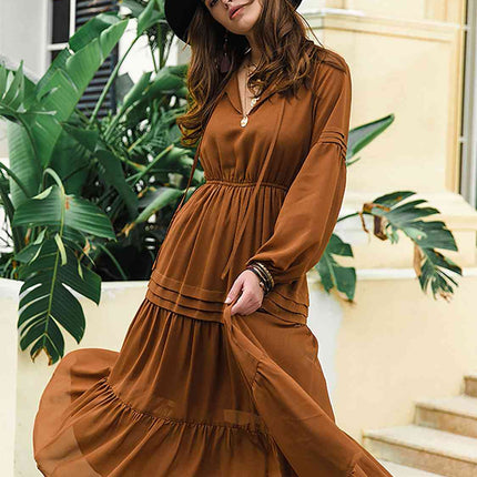 Tie Neck Long Sleeve Midi Tiered Dress
