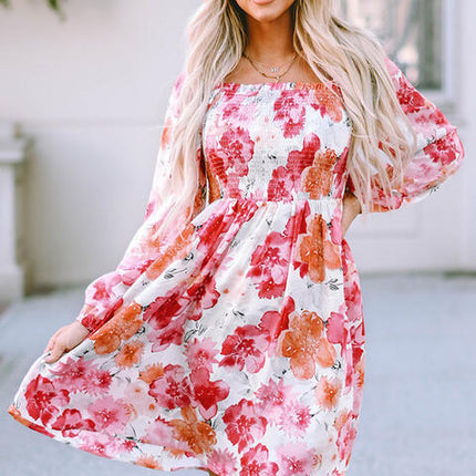 Floral Smocked Square Neck Long Sleeve Dress