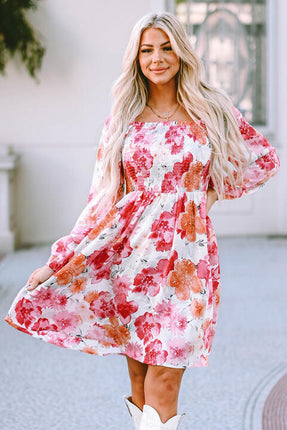 Floral Smocked Square Neck Long Sleeve Dress