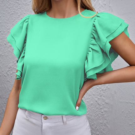 Round Neck Flounce Sleeve Blouse