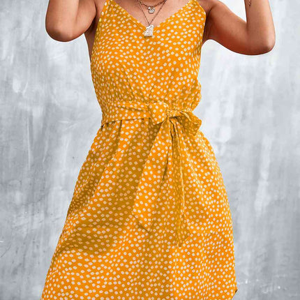 Printed V-Neck Tie Waist Mini Dress - Vickie Lynn's