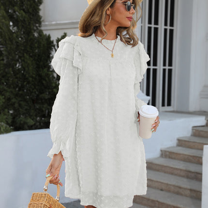 Swiss Dot Mock Neck Flounce Sleeve Dress