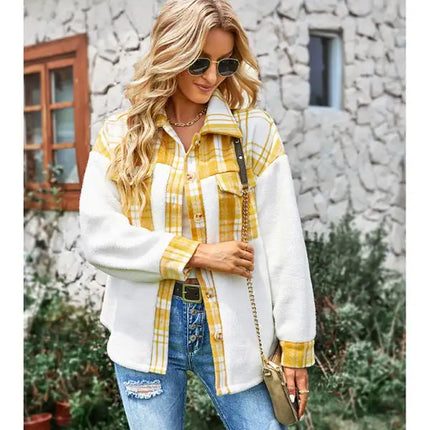 Abrigo estilo camisa a cuadros con temperamento casual para mujer 