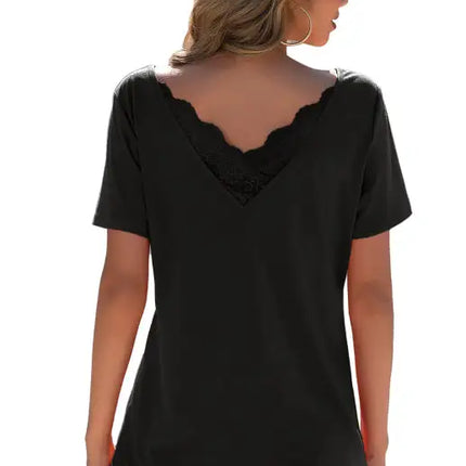 Women's Lace Stitching V-Neck Short Sleeve T-Shirt Open Back Small Sexy Top