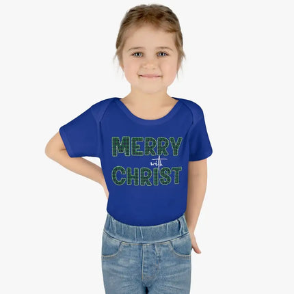 Short Sleeve Baby Onesie for Infants and Toddlers, Merry With Christ, Green Plaid Christmas Holiday Pattern Print