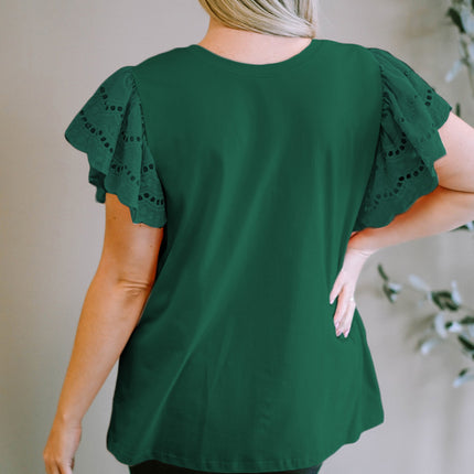 Plus Size Eyelet Round Neck Short Sleeve Blouse