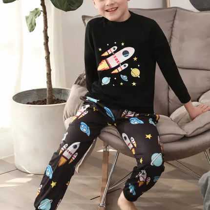Boy's' Round Neck Cartoon Pattern Short Sleeve Shorts Cotton Pajamas Set
