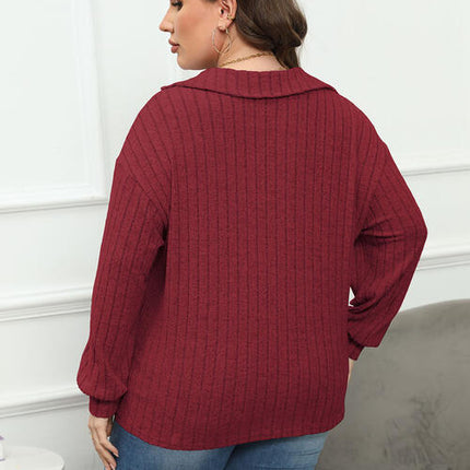 Plus Size Ribbed Collared Neck Long Sleeve Blouse