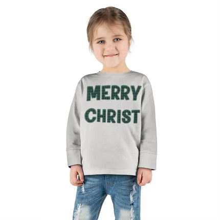 Long Sleeve Graphic T-Shirt for Toddlers, Merry With Christ, Green Plaid Christmas Holiday Pattern Print