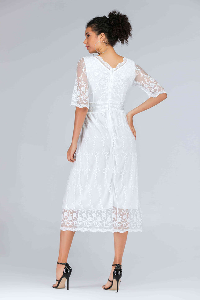 Scalloped Lace Half Sleeve Midi Dress