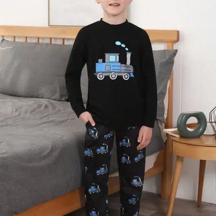 Boy's' Round Neck Cartoon Pattern Short Sleeve Shorts Cotton Pajamas Set