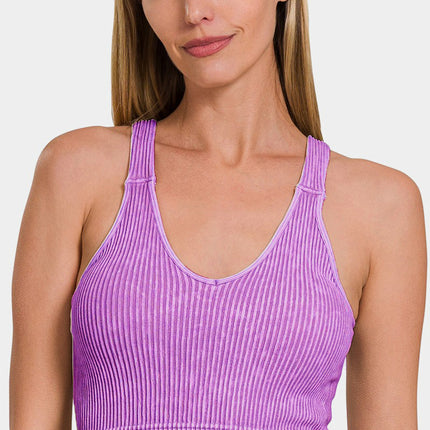 Zenana Washed Ribbed Cropped Bra Padded Tank