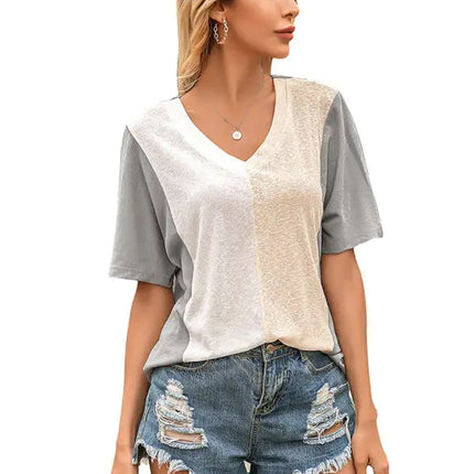 Camiseta holgada de manga corta con contraste y cuello en V para mujer 